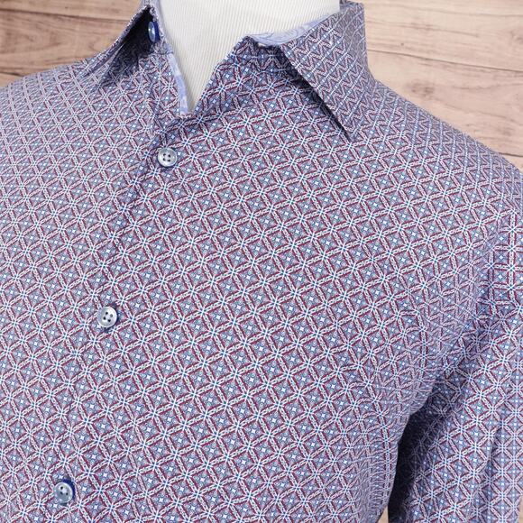 Tasso Elba Shirt Mens 2XL Blue Red Geometric Print Long Sleeve Button Up Cotton - Picture 2 of 8